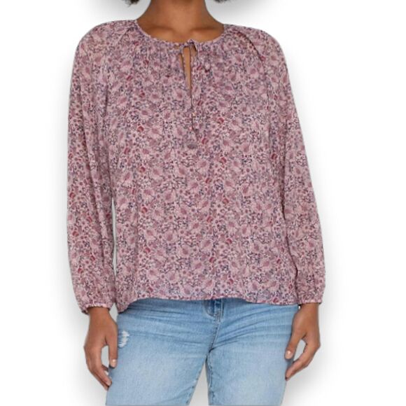 Liverpool Double‎ Layer Long Sleeve Shirred Blouse with Neck Ties Pink Floral M - Picture 1 of 16